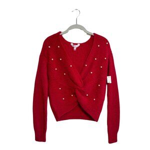No Boundaries Twist Front Sweater with Faux Pearl Beads Partial Tag